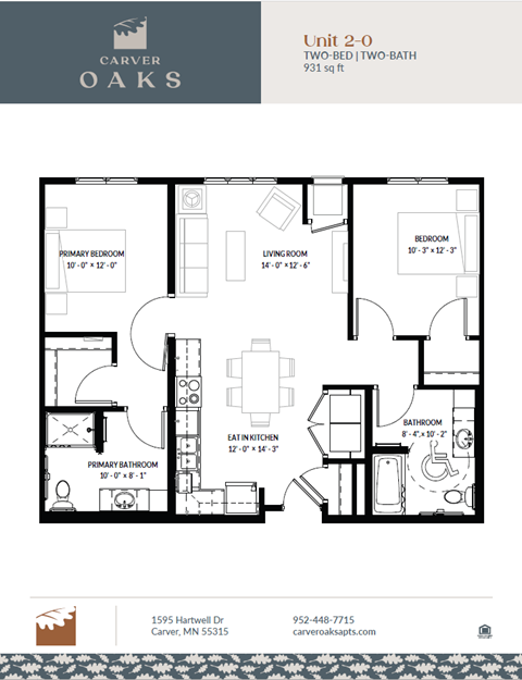 Floor plan for 2 beds, 2 baths, 931 sqft